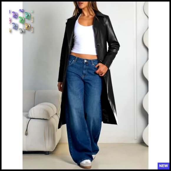 Long Faux Leather Trench Coat Classic Elegant Chic Open Front Belted - Picture 5 of 6